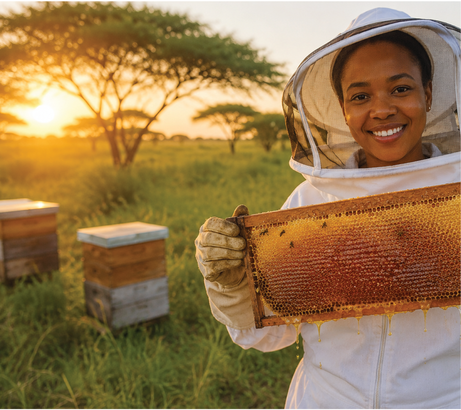 A Meant To Bee beekeeper holding a honeycomb frame at golden hour